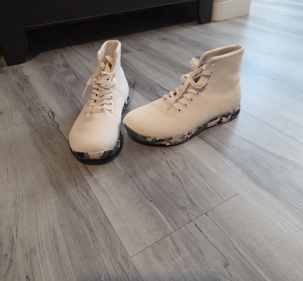 Women’s High-Top Knit Sneakers — White with Black-Camo Sole